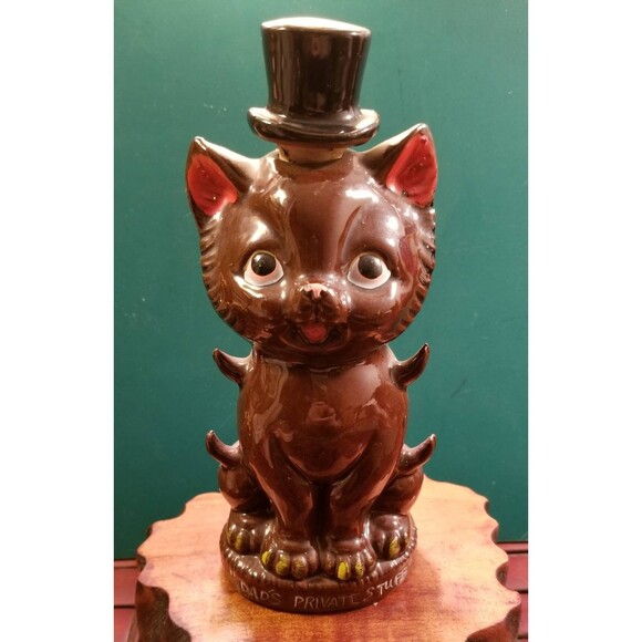 Dad's Private Stuff Cat in Top Hat Liquor Decanter W/ 3 Shot Glasses 8"X3.5"X3" - Picture 2 of 7